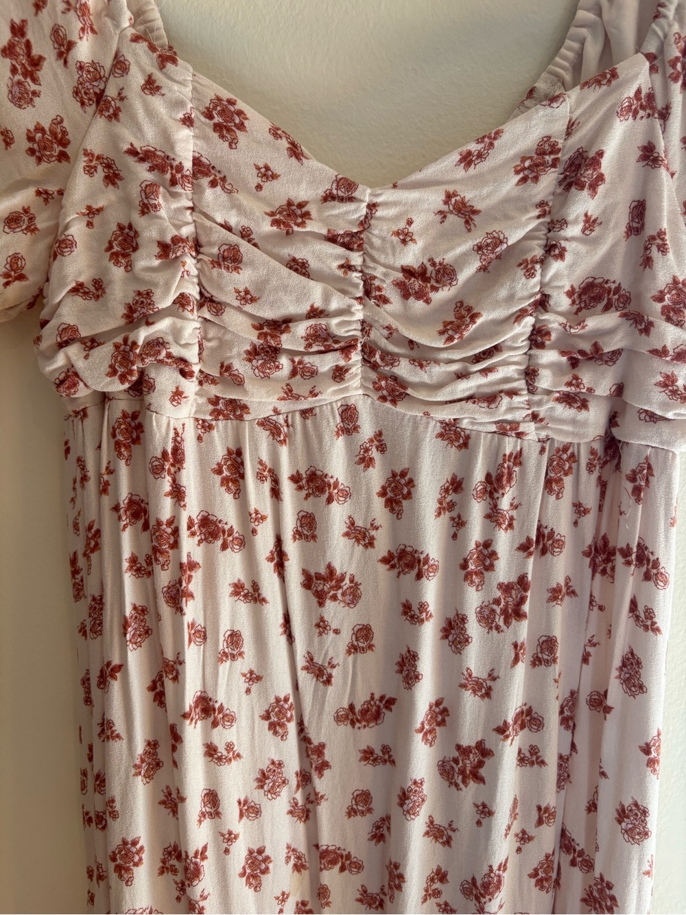 White and Rust Floral Midi Dress with Ruched Bodice